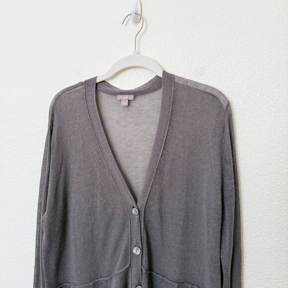 [J. Jill] Gray Linen Blend Tiered Ruffle Peplum V-Neck Cardigan Sweater Sz Large - Picture 3 of 10